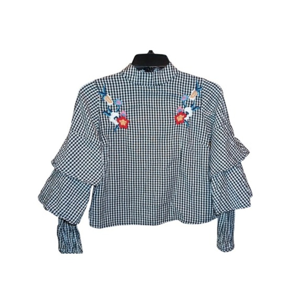 Boohoo Black White Gingham Floral Embroidered Ruffle Bell Sleeve Blouse Top